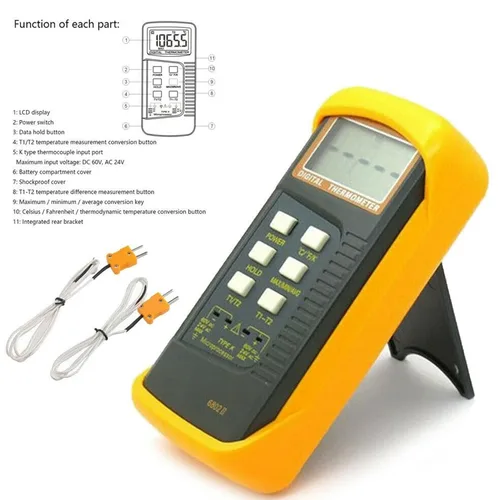 Vista 4 de Termómetro de termopar tipo K (-50 ~ 2,372.0 °F) digital de doble canal, 2 termómetros abrazadera de tubo 2 sondas de sensor de termopar, abrazadera