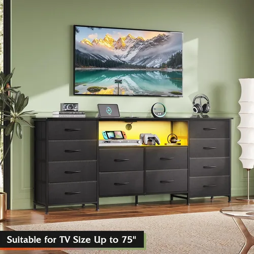 Vista 4 de WLIVE Cómoda de 12 cajones para dormitorio, soporte de TV negro para TV de 65, 70, 75 pulgadas con luz LED y estación de carga, cómoda ancha