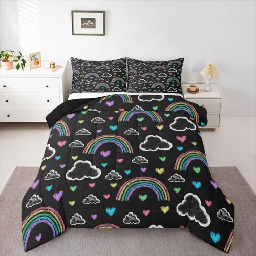 Vista 9 de Erosebridal Juego de edredón de arcoíris, tamaño individual, con sol y nube, edredón de dibujos animados de arco iris para niños y niñas, edredón