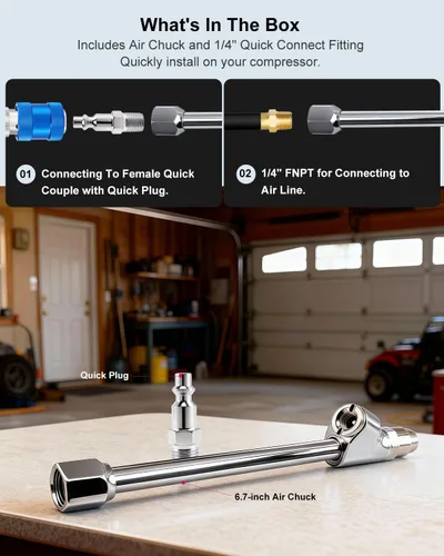 Vista 5 de GODESON Portabrocas de aire de doble cabeza, portabrocas de metal con recto y ángulo de 30°, boquilla de inflado de neumáticos NFT de 1/4 pulgadas