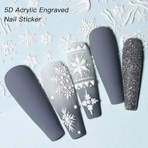 Vista 2 de CHARMARK Calcomanías de arte de uñas de copo de nieve, 5D en relieve, Navidad, blanco, 4 hojas (copos de nieve A)