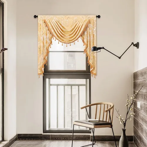 Vista 5 de ELKCA Cenefa de cascada de jacquard dorado de damasco para cocina, sala de estar, cenefa con bolsillo para barra para ventana pequeña, 39 pulgadas