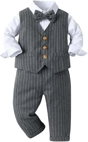 Vista 6 de IDOPIP Trajes de otoño e invierno para niños pequeños, camisa de manga larga con corbatín + chaleco + pantalones largos, overoles