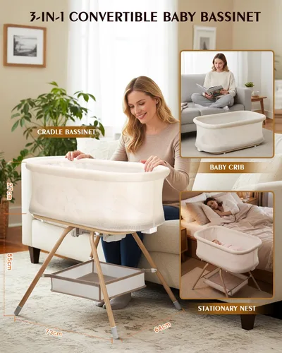 Vista 2 de Cuna de bebé 3 en 1, moisés mecedora para bebé con diseño de malla y colchón suave, moisés para recién nacido, nido portátil con cesta de Beige