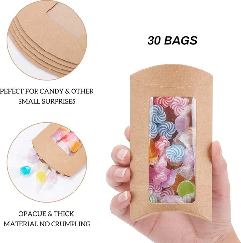 Vista 3 de BENECREAT 30 cajas de almohada de papel kraft marrón de 4 x 2.8 x 0.8 pulgadas con ventana transparente, caja de embalaje de dulces para cumpleaños
