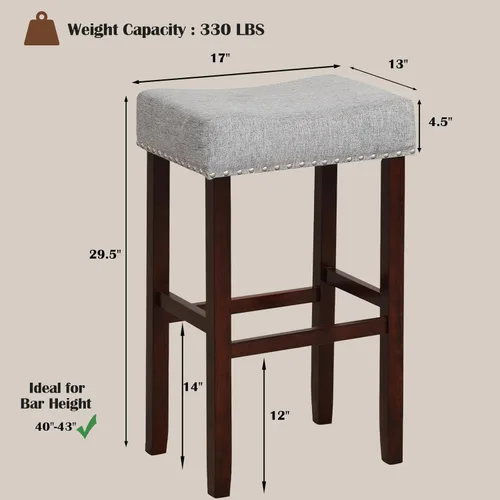Vista 14 de ERGOMASTER Taburetes de bar, 29 pulgadas, modernos taburetes de sillín, madera de caucho, gris claro/marrón, juego de 2