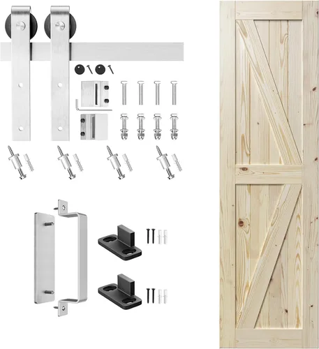 Vista 7 de SMARTSTANDARD Puerta corrediza de granero de 24 x 84 pulgadas con kit de herrajes y mango de níquel cepillado de 5 pies, se requiere un montaje