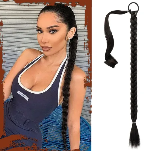 Vista 41 de SOFEIYAN Extensión de cola de caballo trenzada larga con banda elástica y mechón liso envolvente, extensiones de cabello naturales suaves