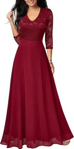 FORTRIC Vestido largo de gasa de encaje floral para mujer para boda fiesta dama de honor