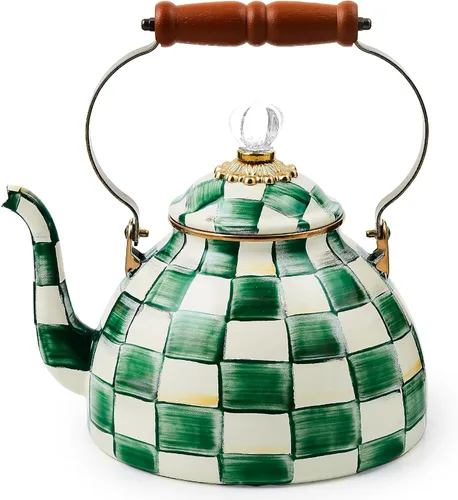 Vista 15 de MACKENZIE-CHILDS - Hervidor de té esmaltado, elegante hervidor de té para estufa, diseño marrón y blanco con cuadros Mocha, 3 cuartos