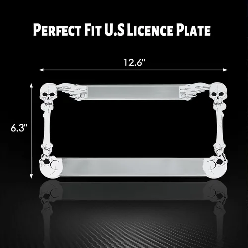 Vista 3 de Marco de matrícula de calavera cromada con 2 agujeros, soporte de placa de esqueleto pulido de metal resistente, decoración de Halloween, 1 paquete
