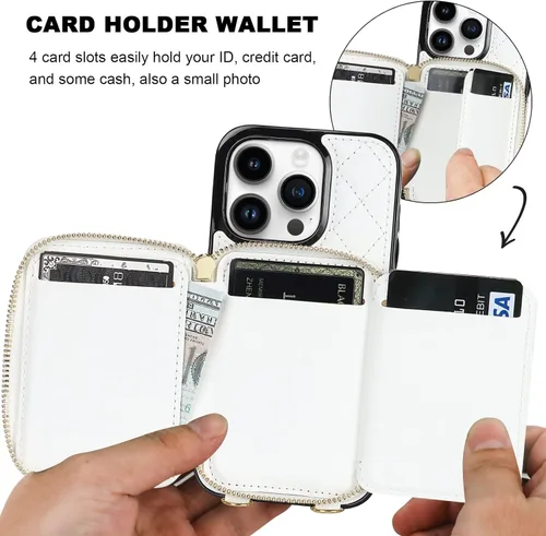Vista 4 de Bocasal Funda tipo cartera cruzada para iPhone 14 Pro, funda de piel sintética con cremallera y bloqueo RFID, cartera tipo bolso con tapa, soporte