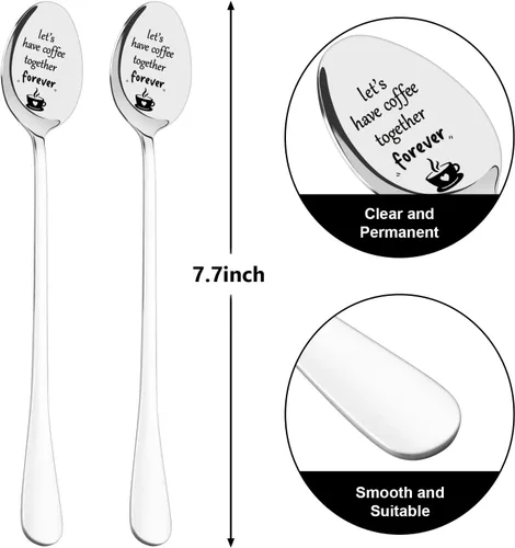 Vista 2 de Cucharas de café grabadas, cuchara de acero inoxidable personalizada, 2 cucharas de mango de 7.5 pulgadas de largo, regalos para amantes, mejores