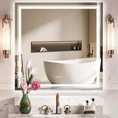 Vista 10 de Espejo LED de 24 x 32 pulgadas para baño con luz frontal y retroiluminada, espejos digitales para pared, antiniebla, regulable continuo, espejo