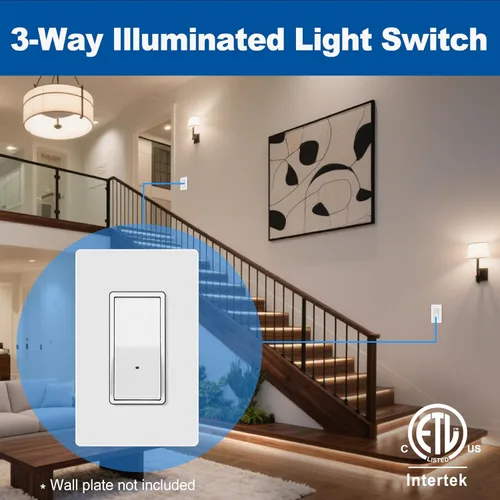 Vista 4 de CML - Interruptor de luz iluminada de 3 vías, interruptor de pared basculante decorativo con luz nocturna guía LED, interruptor de paleta de 15 A