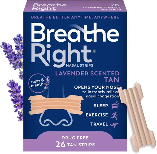 Breathe Right bandas nasales con esencia de lavanda, sin fármacos, alivian la congestión nasal 26 unidades