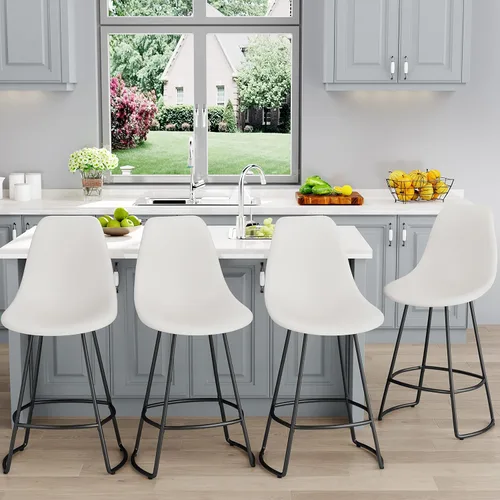 Vista 7 de Aklaus Juego de 4 taburetes de bar giratorios, modernos taburetes de bar de altura de mostrador con respaldo de plástico, acabado de metal blanco