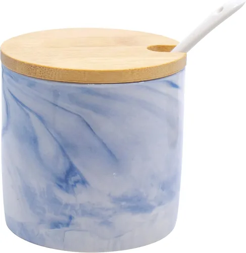 Vista 4 de Juego de 3 tarros de especias de cerámica de mármol con cucharas y tapas de bambú y bandeja (azul)