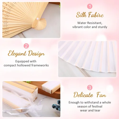 Vista 2 de Chunful 60 abanicos de mano plegables de seda con funda de tela, abanicos de mano plegados de bambú para invitados de boda, despedida de soltera