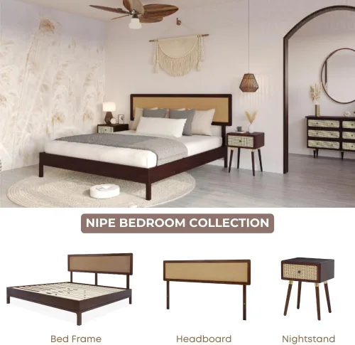 Vista 7 de Bme Nipe - Base de cama bohemia de 14 pulgadas con cabecera tejida ajustable, estilo único rústico y vintage con madera de acacia, no necesita