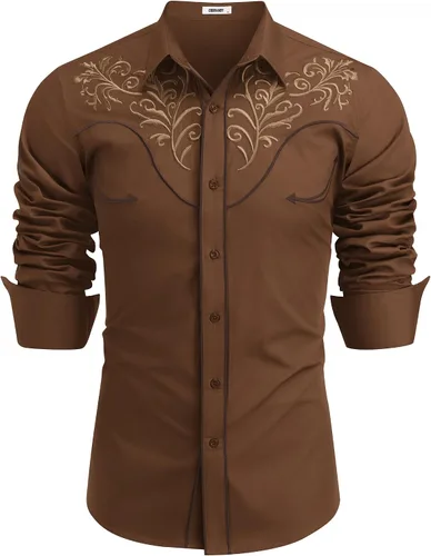 Vista 23 de COOFANDY Camisa occidental para hombre de manga larga con bordados, camisa de vaquero casual con botones café (01-Coffee(Pattern1))
