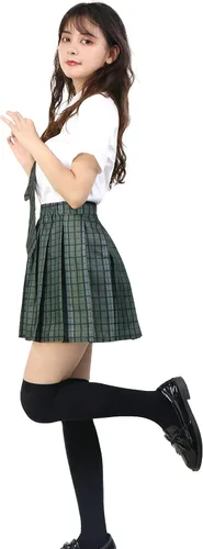 Vista 3 de PROCOS Disfraz de talla estadounidense para mujer, uniforme japonés con corbatín a cuadros, 5 piezas para Navidad