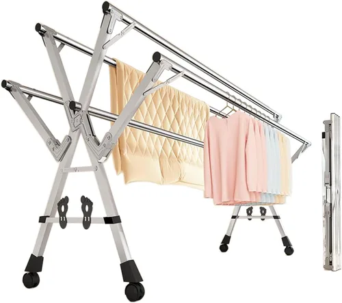 Heavy Duty Stainless Steel Clothes Drying Rack with Adjustable Folding Design 5 Rods Universal Wheel Shoe Rack and Large Capacity Indoor Outdoor