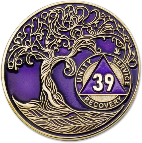 Vista 195 de 1 año Sobriety Mint Twisted Tree of Life Medallón de recuperación AA chapado en oro, chip/ficha - negro