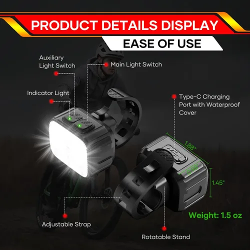 Vista 6 de Luces de bicicleta delanteras y traseras, luz de bicicleta recargable brillante 8+12 modos, juego de luces traseras para bicicleta para seguridad