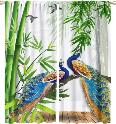 Vista 40 de Cortinas opacas de pavo real, hermoso patrón de estampado de flores de pavo real azul, estampado de mariposas y pavo real, juego de 2 paneles