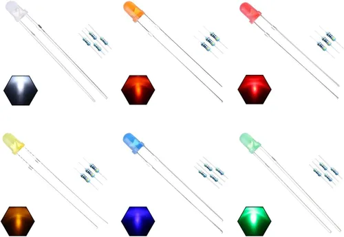 3 mm 6 colores x 20 piezas (120 piezas) luces LED diodo (lente coloreada) surtido de colores, lente redonda difusa 29 mm de largo, +200 piezas de