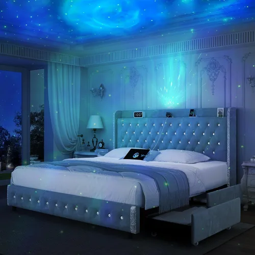 Vista 8 de Base de cama LED Queen con 4 cajones, cargador de proyector de galaxia estrella, altavoz de música, cabecera tapizada con respaldo de ala, marco