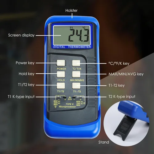 Vista 5 de Termómetro de termopar digital tipo K de doble canal Termómetro HVAC Medidor de temperatura con 4 termopares, medición de temperatura MAX/MIN/PROM