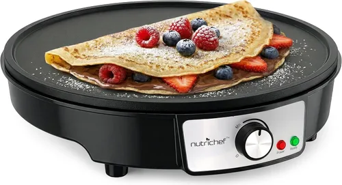 NutriChef - Crepera eléctrica y plancha para parrilla de sobremesa - Placa caliente de aluminio antiadherente de 12 pulgadas con luces indicadoras