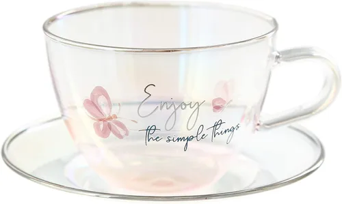 Vista 6 de Pavilion Gift Company - Enjoy The Simple Things - Juego de taza de té de vidrio de 7 onzas con platillo, taza de café iridiscente, taza de té
