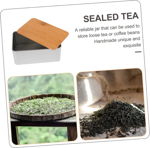 Vista 3 de UPKOCH Lata de té cuadrada con tapa de bambú sellada, recipientes de alimentos, tapas para bolsa de té, cesta de almacenamiento de latas de metal