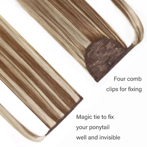 Vista 2 de Extensión de cola de caballo de cabello humano Remy 100% real, envolvente, cola de caballo larga y recta, extensiones de cabello con cola de caballo