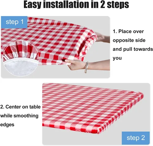 Vista 4 de Fitable Funda de mesa de picnic a cuadros rojos y blancos, funda de vinilo impermeable con fundas de banco, mantel de respaldo de franela ajustable