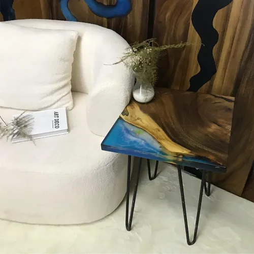 Vista 136 de Mesa de epoxi transparente, mesa de sofá con forma cuadrada, mesa auxiliar de resina de madera, mesa de centro de madera con borde natural para sala