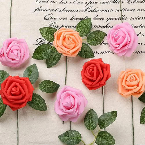 Vista 3 de 100 hojas de oro rosa artificiales a granel, hojas de rosa falsas para ramos de boda, centros de mesa, decoraciones de fiesta 100 unidades de oro