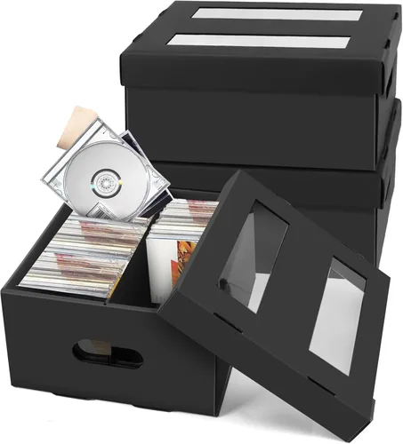 AOBOPLE Cajas de almacenamiento de CD, caja organizadora apilable de CD con tapa, paquete de 3 soportes para CD de 2 compartimentos, capacidad para