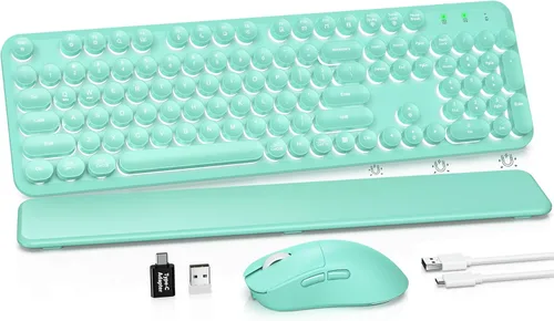 Vista 12 de Combo de teclado y mouse inalámbricos, teclado retro con teclas redondas, teclado estilo máquina de escribir de tamaño completo con reposamuñecas