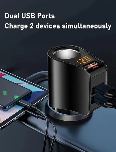 Vista 3 de LIHAN Cargador de coche con 3 USB, salida QC3.0, adaptador para encendedor de cigarrillos, enchufe de salida de 12 V/24 V, medidor de voltaje