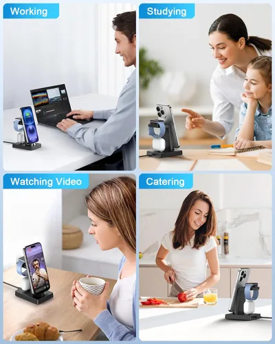 Vista 8 de Estación de carga rápida 3 en 1 de 30 W para dispositivos Apple, soporte de cargador USB C ADADPU para iPhone 17 16 15 Pro Max Plus y AirPods 4