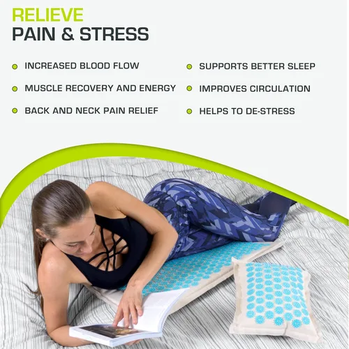 Vista 4 de ProsourceFit Ki Acupressure Mat and Pillow Set with 100% Natural Linen for Back/Neck Pain Relief and Muscle Relaxation Natural Aqua