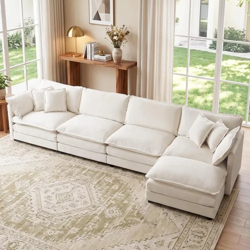 Vista 10 de Sofá individual modular de chenilla con otomana, sofá nube con almohada, color beige