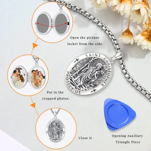 Vista 3 de Collar de plata de ley S925 con amuleto de San Patrón, Medalla de protección para hombres y mujeres