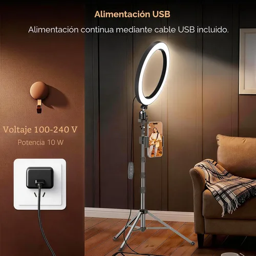 Vista 8 de EMART Luz de anillo de 10" con trípodes extensibles de 55" y soporte para teléfono, luz circular redonda LED regulable para cámara selfie