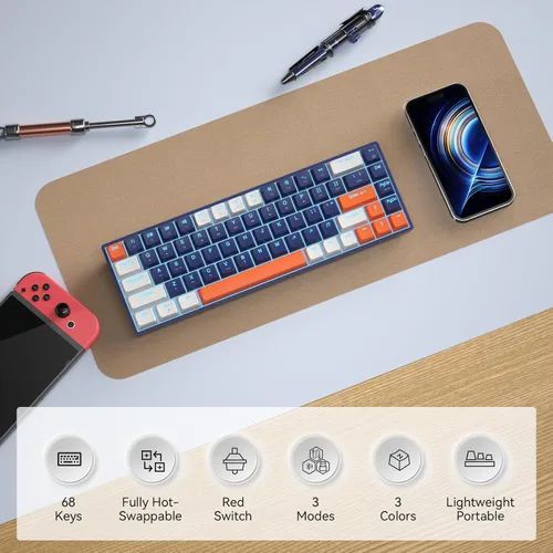 Vista 4 de XISOGUU Teclado mecánico inalámbrico 61%, modos BT5.02.4Gcableado, retroiluminado ultra compacto 68 teclas teclado para juegos con flecha