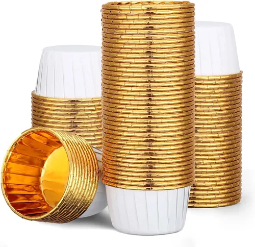 Vista 27 de EUSOAR Revestimientos dorados para cupcakes, 100 moldes de aluminio desechables de 3.5 onzas, tazas de aluminio para hornear, forros de aluminio